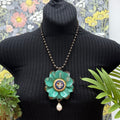 Adorned Crown Jewelry assemblage teal flower micro mosaic pearl drop necklace