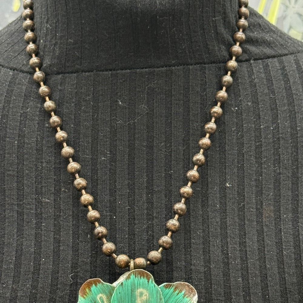 Adorned Crown Jewelry assemblage teal flower micro mosaic pearl drop necklace