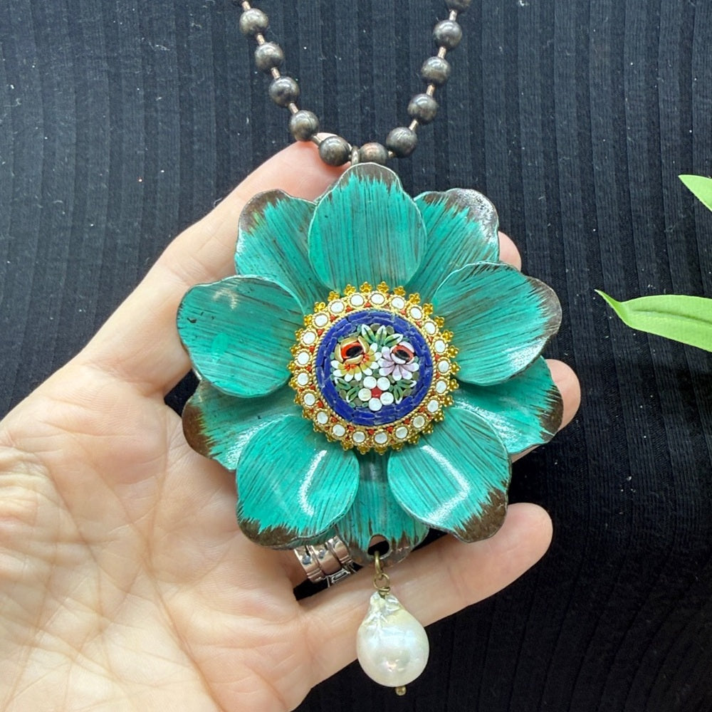 Adorned Crown Jewelry assemblage teal flower micro mosaic pearl drop necklace