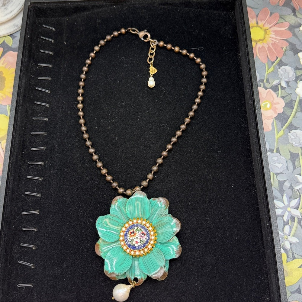 Adorned Crown Jewelry assemblage teal flower micro mosaic pearl drop necklace