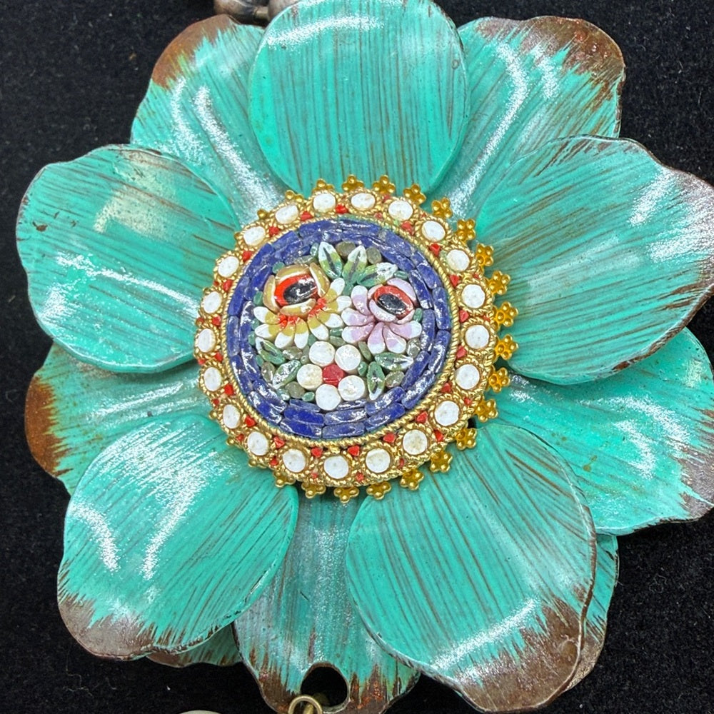 Adorned Crown Jewelry assemblage teal flower micro mosaic pearl drop necklace