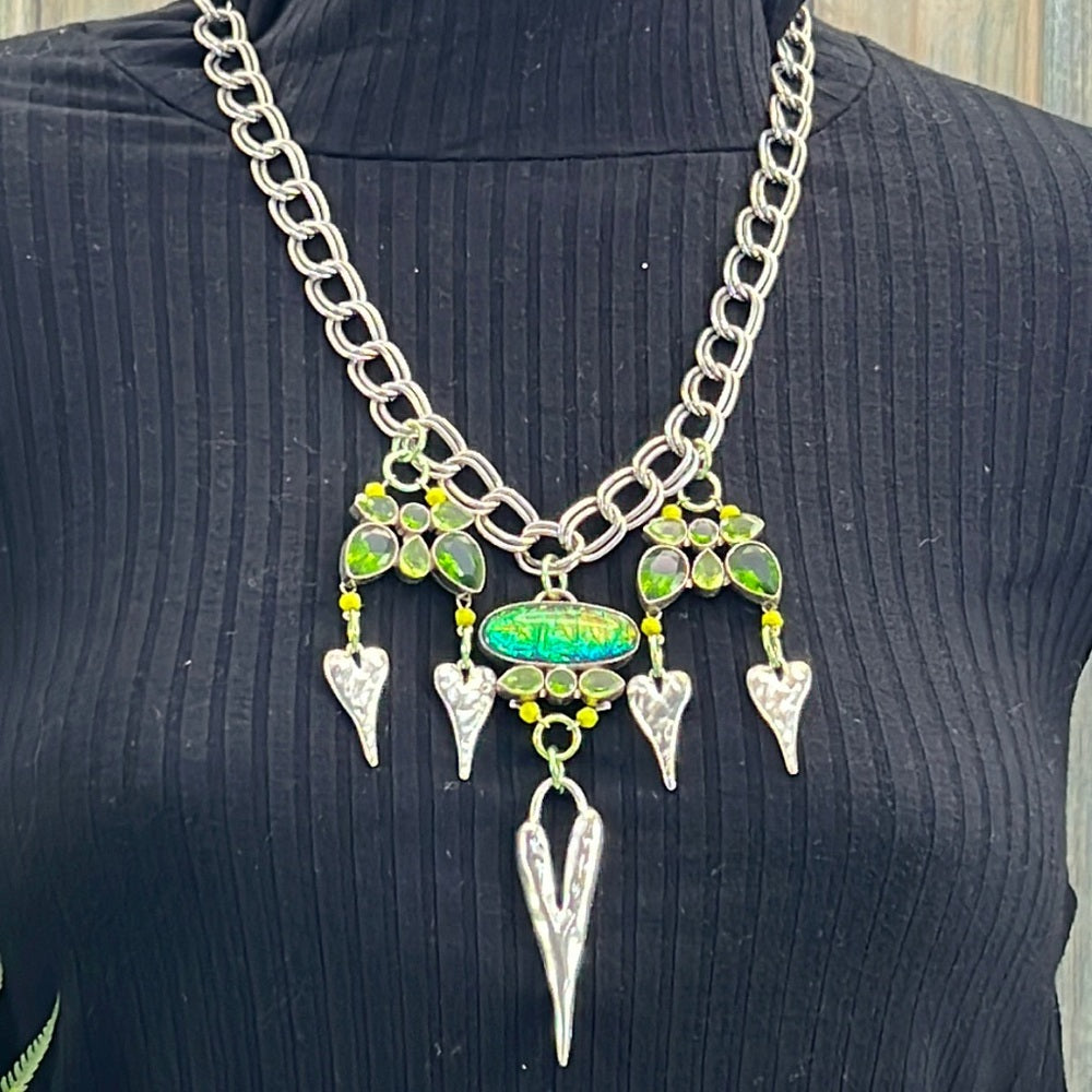 Adorned Crown necklace peridot hammered heart dichroic glass assemblage