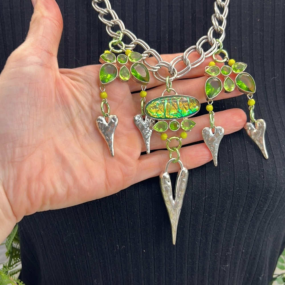 Adorned Crown necklace peridot hammered heart dichroic glass assemblage