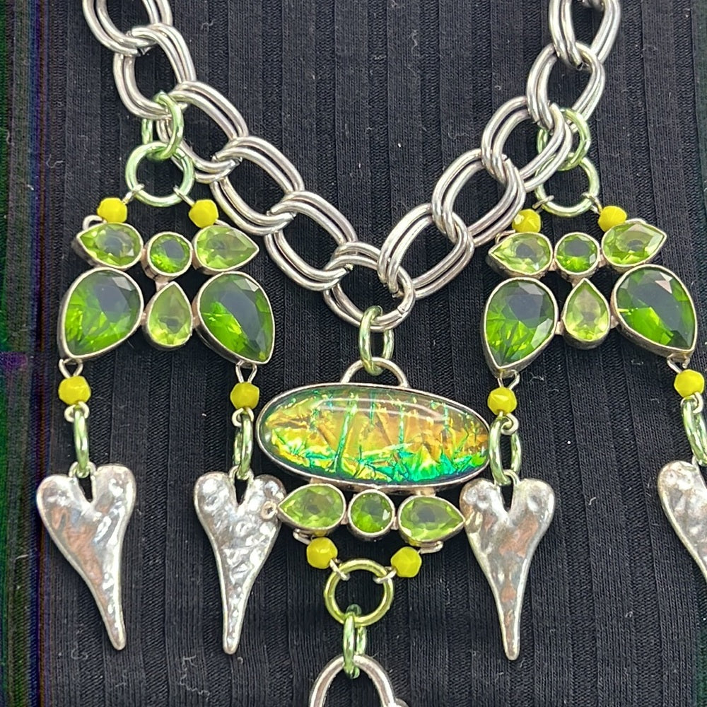 Adorned Crown necklace peridot hammered heart dichroic glass assemblage