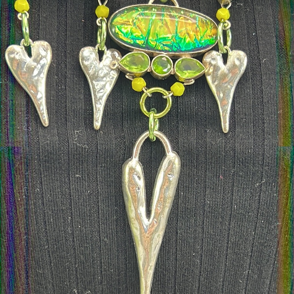 Adorned Crown necklace peridot hammered heart dichroic glass assemblage