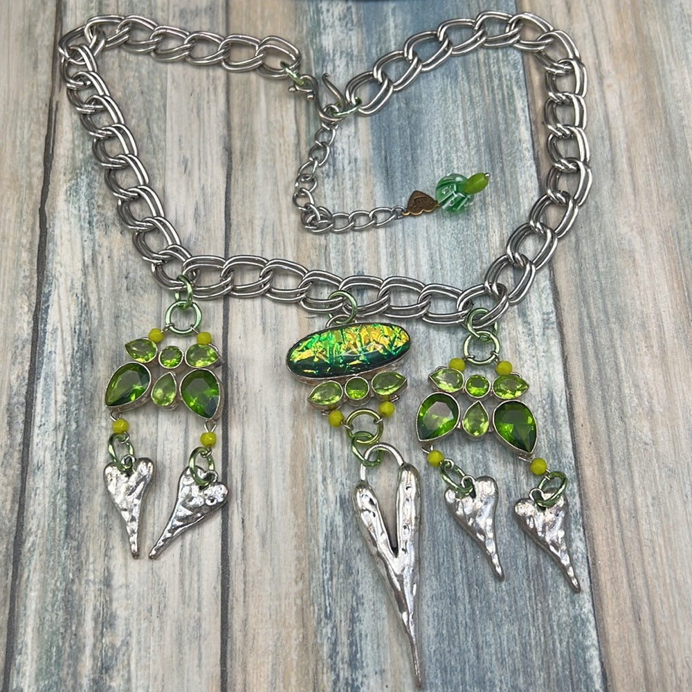 Adorned Crown necklace peridot hammered heart dichroic glass assemblage