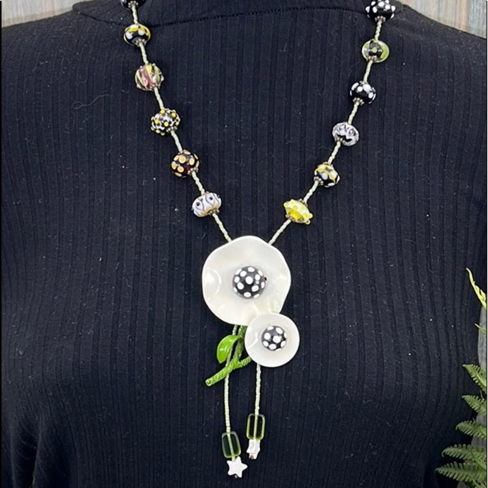 Adorned Crown Artisan Assemblage enamel flower green dot glass bead necklace