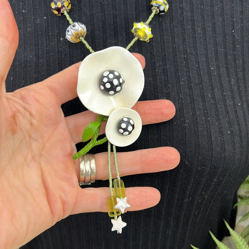Adorned Crown Artisan Assemblage enamel flower green dot glass bead necklace