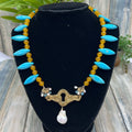 Adorned Crown Assemblage yellow jade turquoise keyhole baroque pearl necklace
