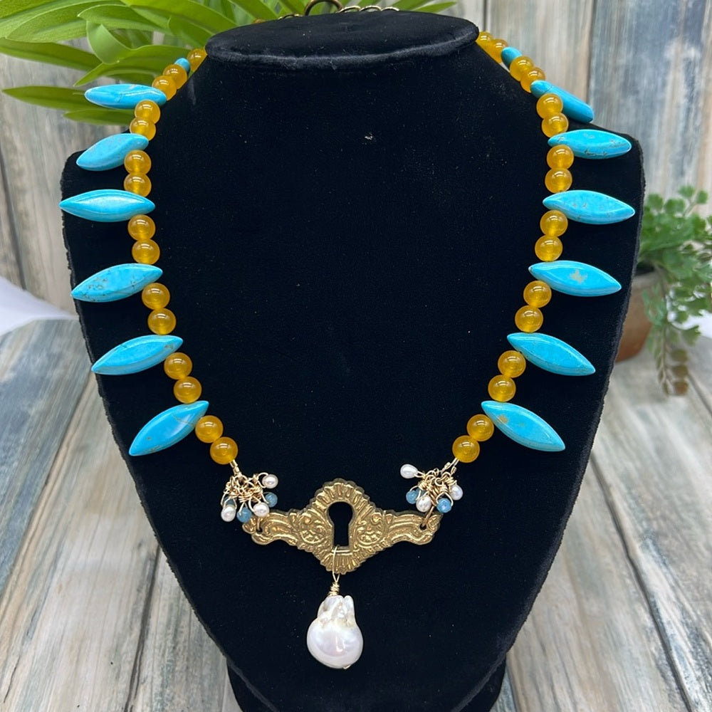 Adorned Crown Assemblage yellow jade turquoise keyhole baroque pearl necklace