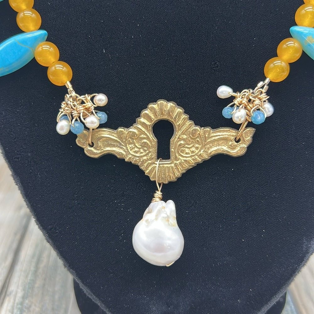 Adorned Crown Assemblage yellow jade turquoise keyhole baroque pearl necklace
