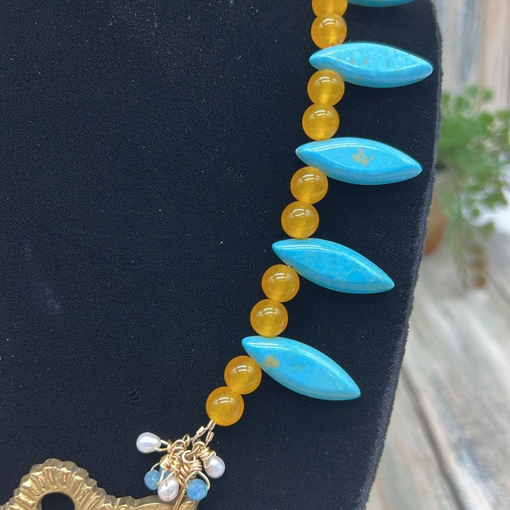 Adorned Crown Assemblage yellow jade turquoise keyhole baroque pearl necklace