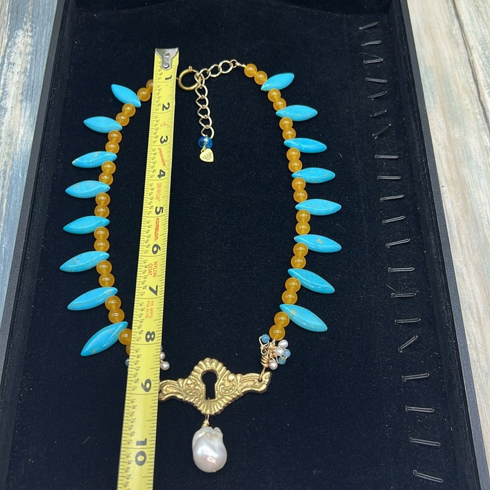 Adorned Crown Assemblage yellow jade turquoise keyhole baroque pearl necklace