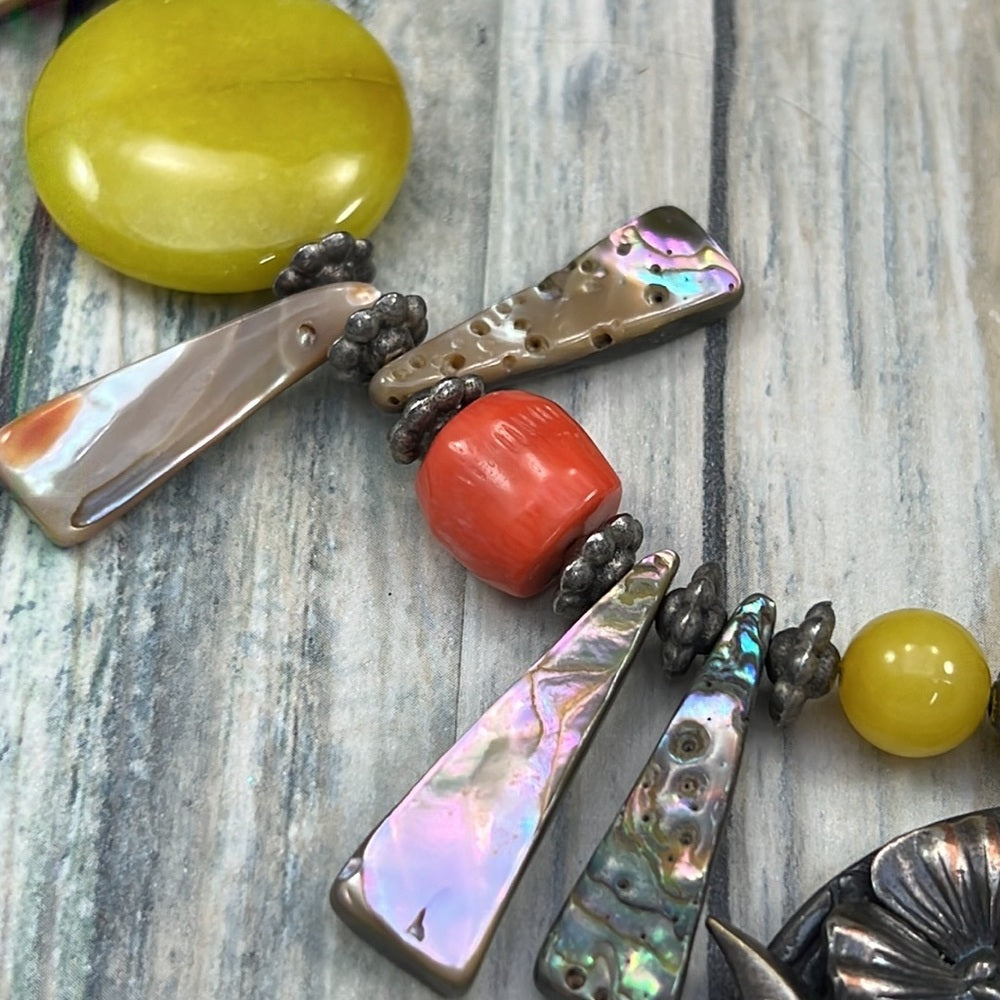Adorned Crown Artisan Assemblage abalone shell stone floral pendant necklace