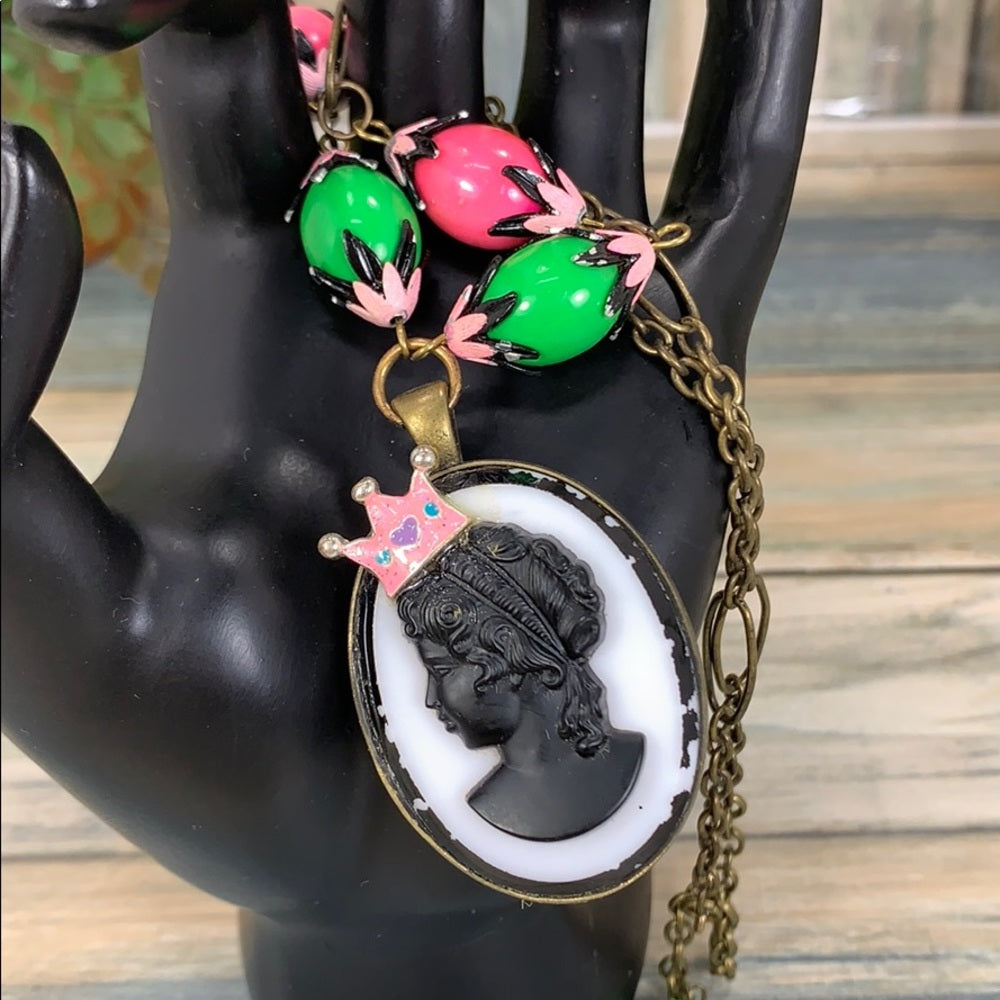 Adorned Crown artisan assemblage “cameo princess” pink green bead necklace