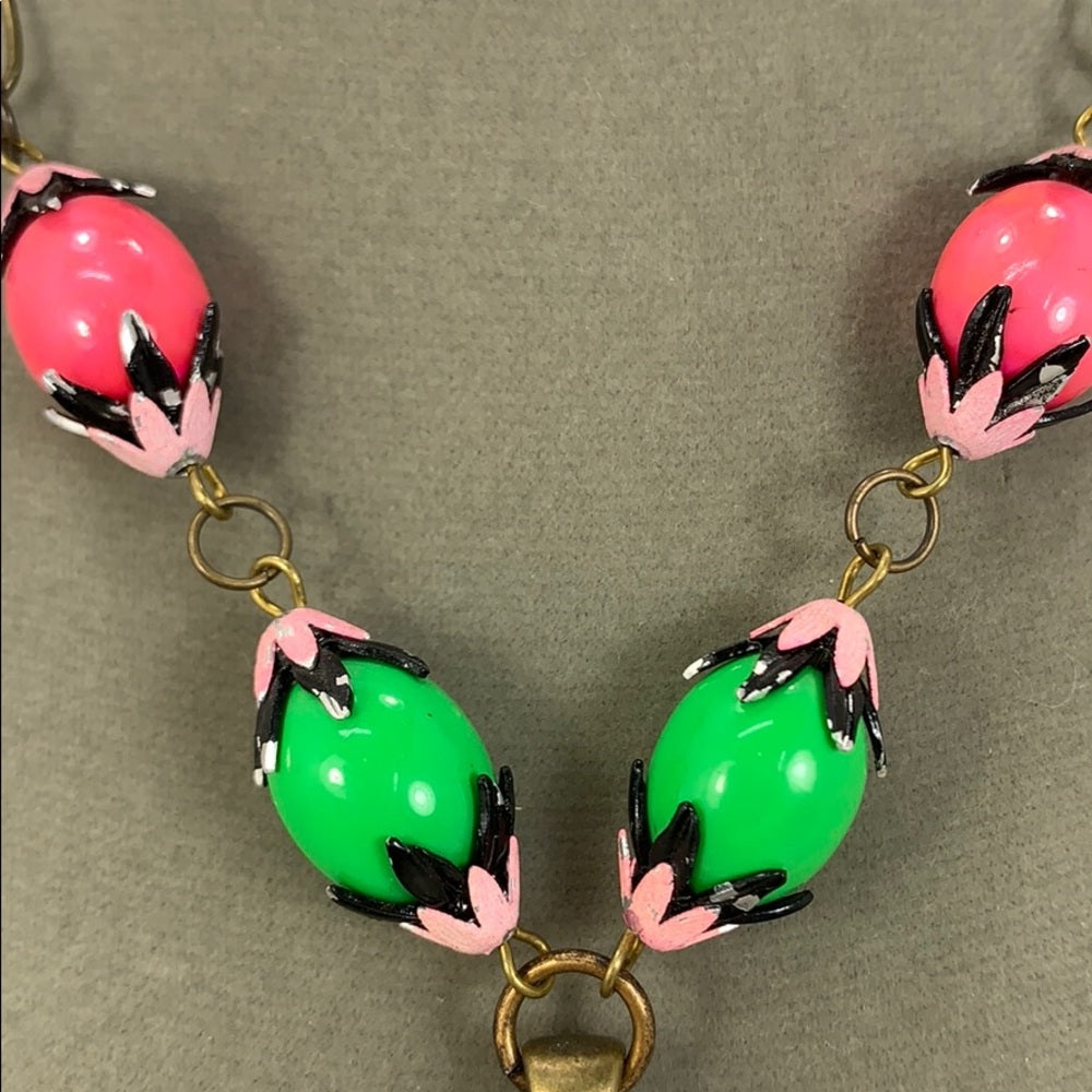 Adorned Crown artisan assemblage “cameo princess” pink green bead necklace