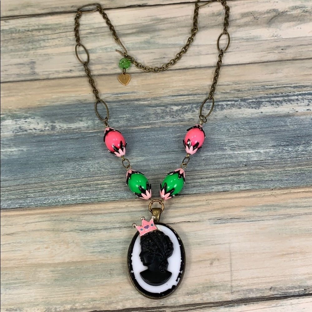 Adorned Crown artisan assemblage “cameo princess” pink green bead necklace
