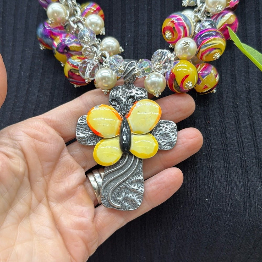 Adorned Crown Jewelry assemblage enamel butterfly cross bauble necklace