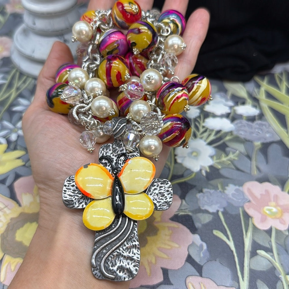 Adorned Crown Jewelry assemblage enamel butterfly cross bauble necklace