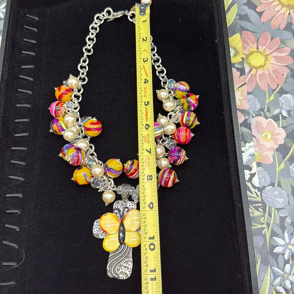 Adorned Crown Jewelry assemblage enamel butterfly cross bauble necklace