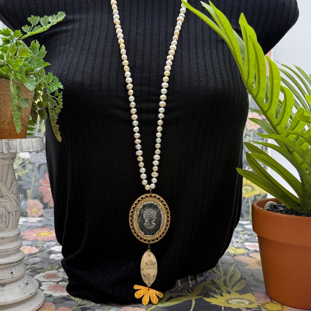 Adorned Crown Jewelry assemblage pearl intaglio cameo scrimshaw necklace