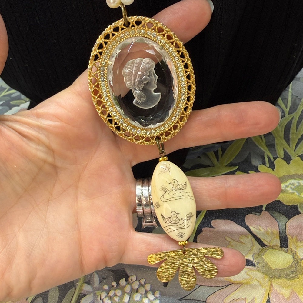 Adorned Crown Jewelry assemblage pearl intaglio cameo scrimshaw necklace