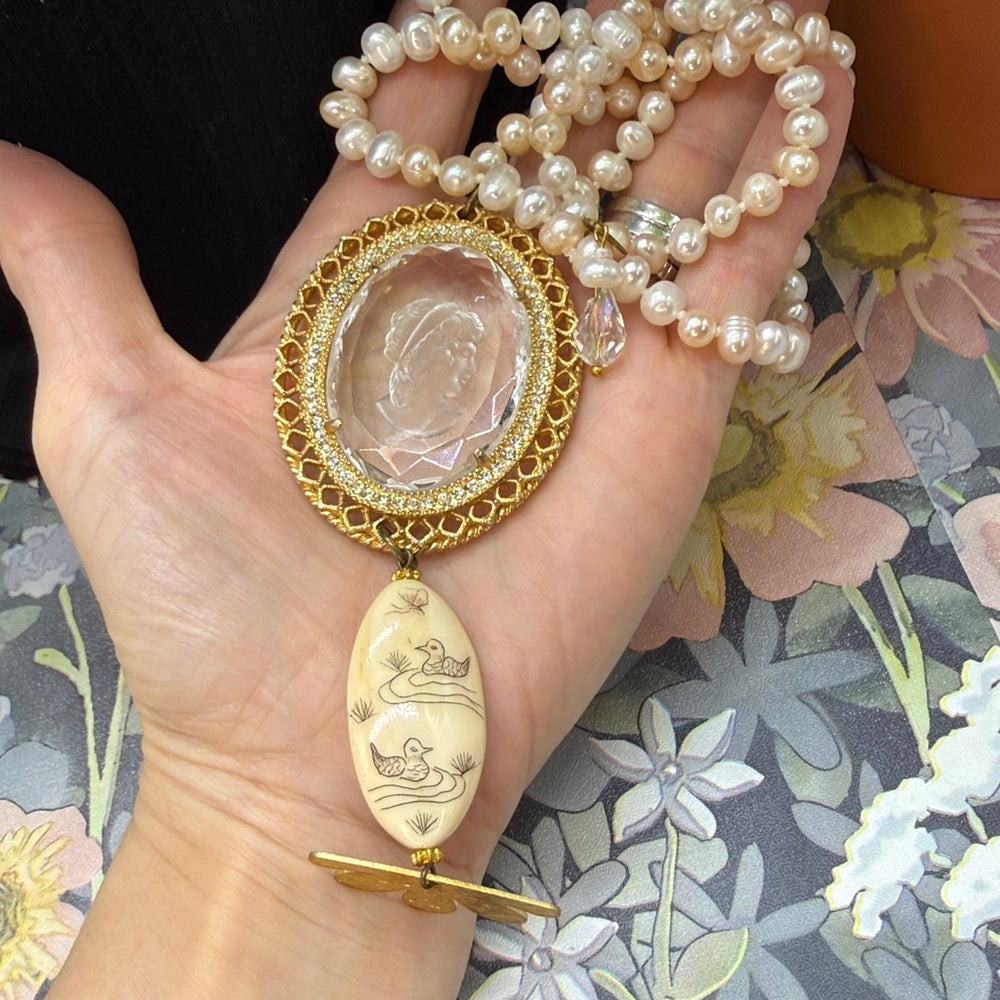Adorned Crown Jewelry assemblage pearl intaglio cameo scrimshaw necklace