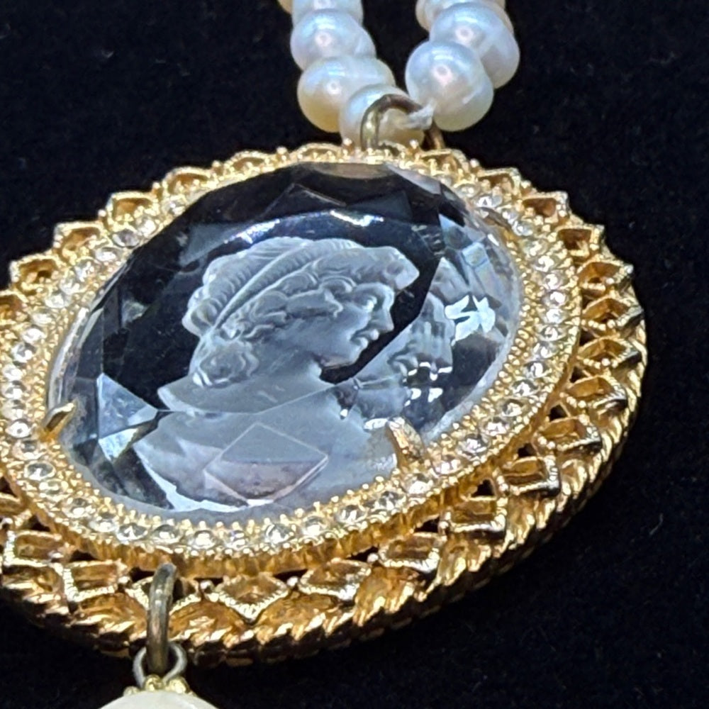 Adorned Crown Jewelry assemblage pearl intaglio cameo scrimshaw necklace