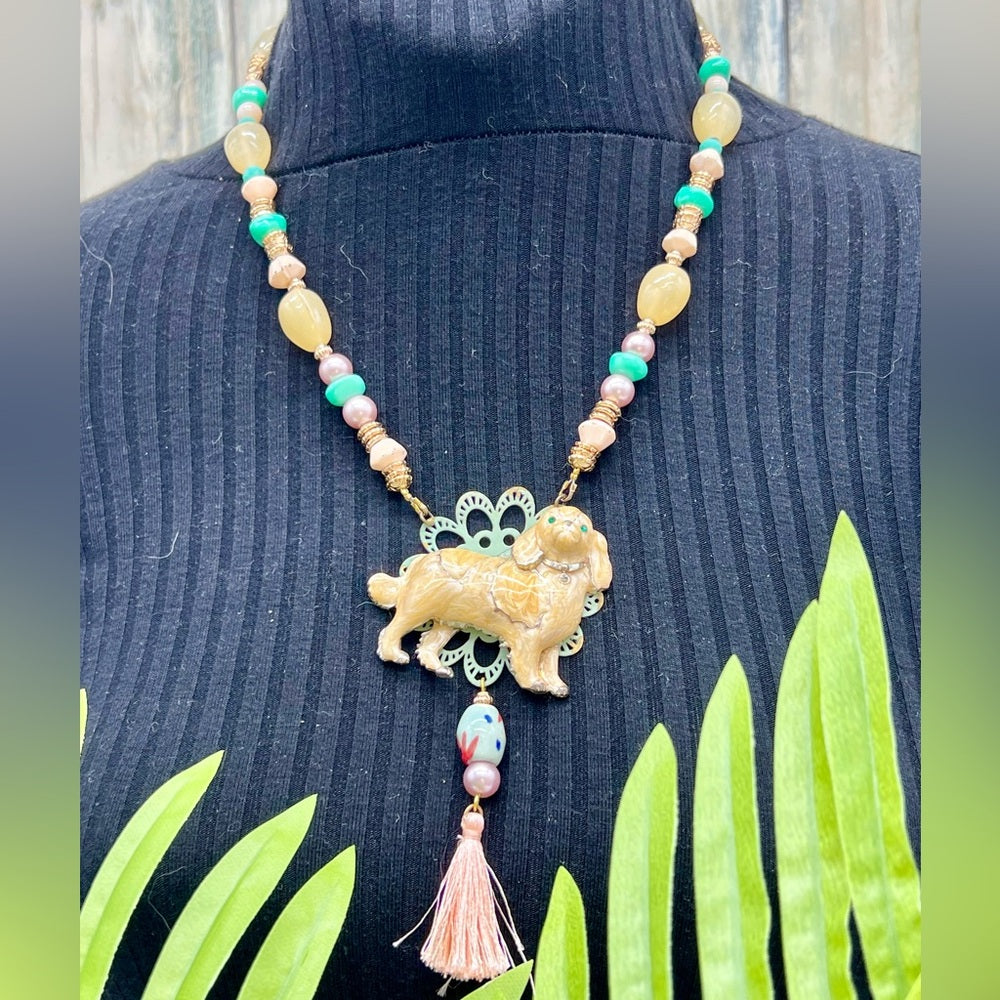 Adorned Crown Jewelry assemblage enamel dog lovers pendant beaded necklace