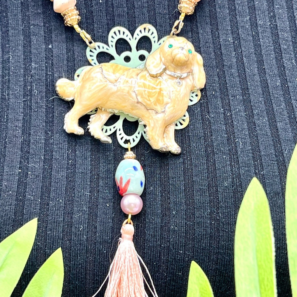 Adorned Crown Jewelry assemblage enamel dog lovers pendant beaded necklace