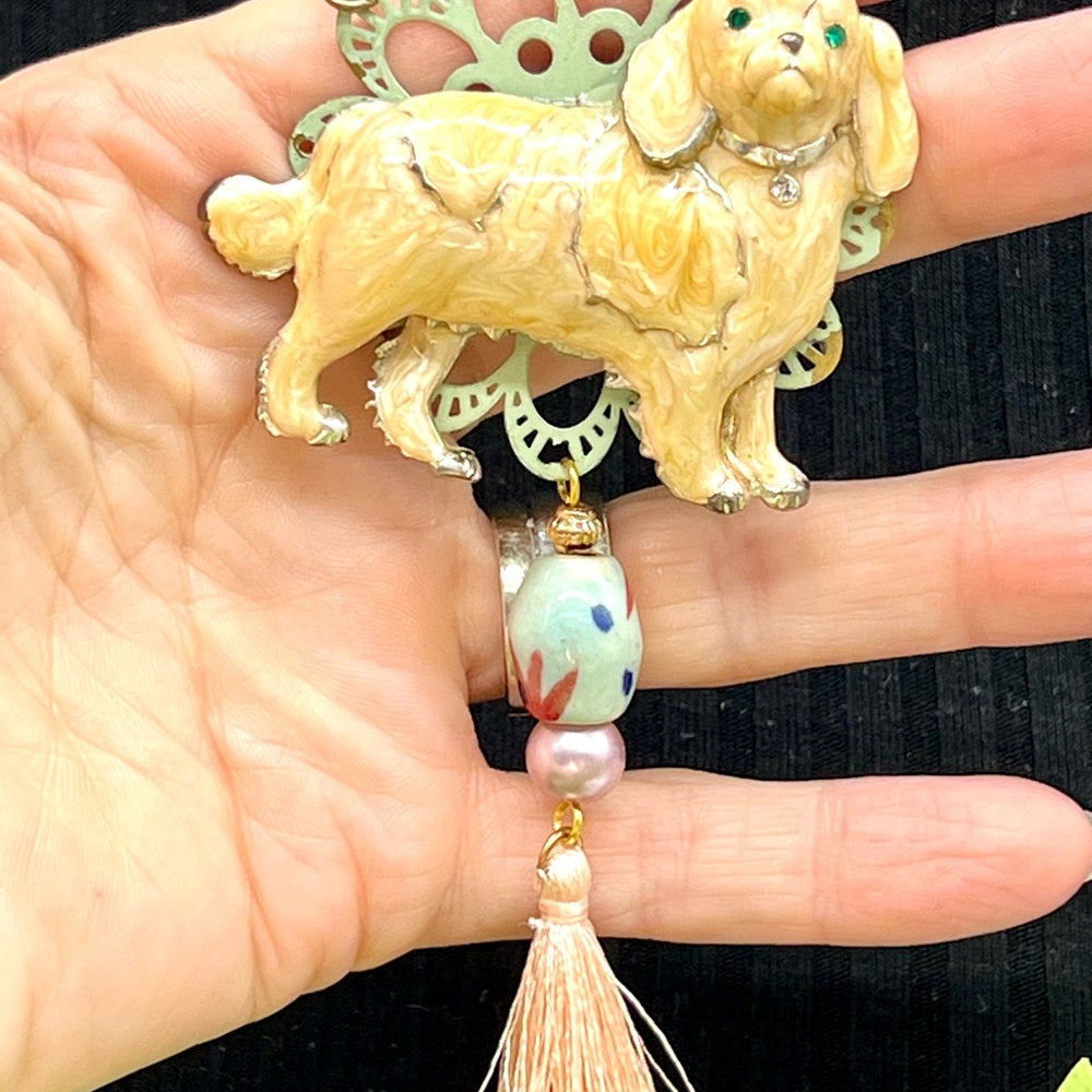 Adorned Crown Jewelry assemblage enamel dog lovers pendant beaded necklace