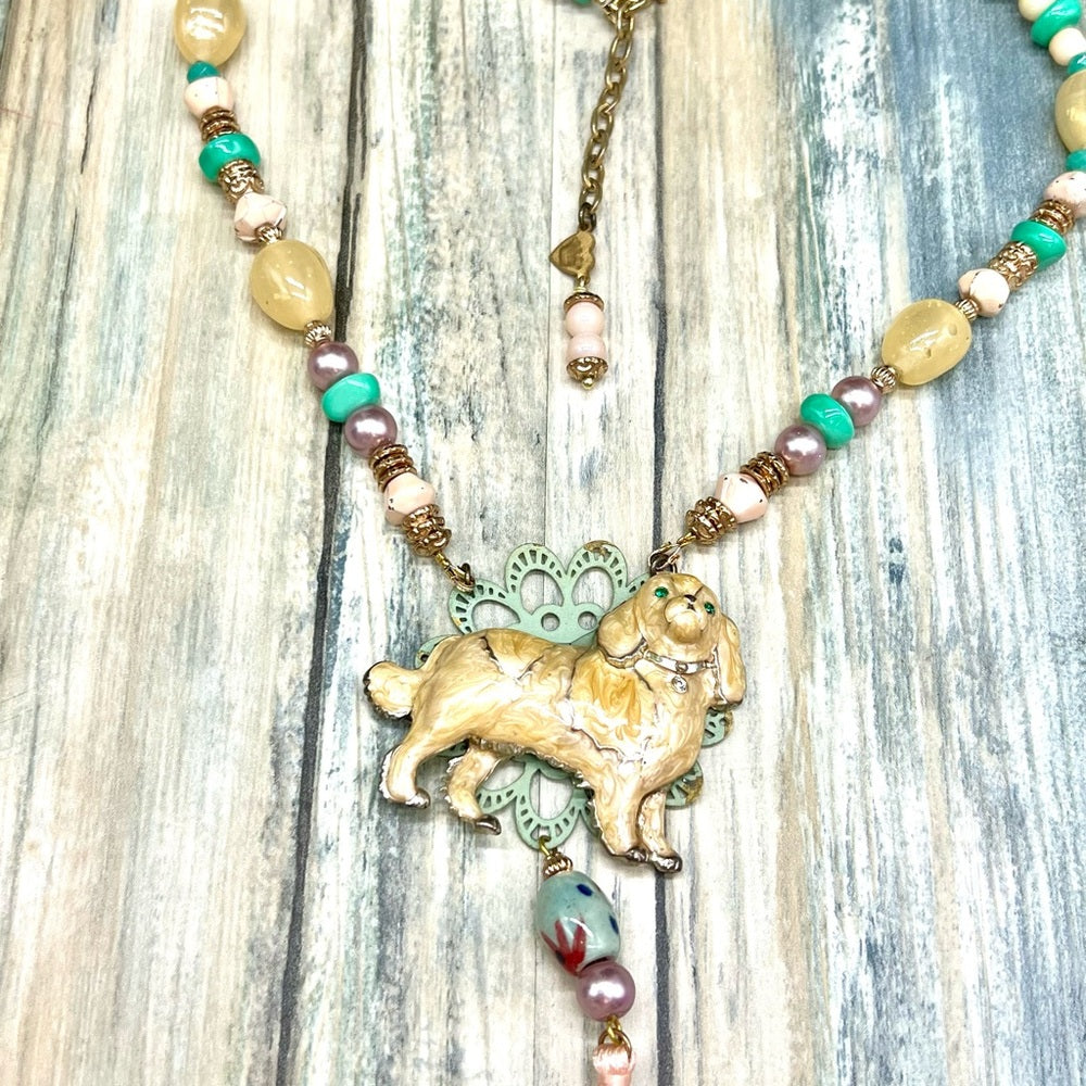 Adorned Crown Jewelry assemblage enamel dog lovers pendant beaded necklace