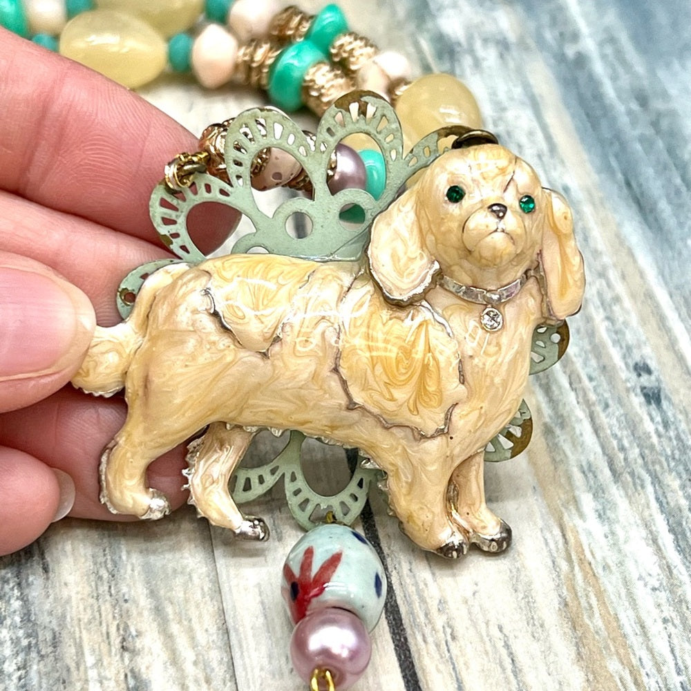 Adorned Crown Jewelry assemblage enamel dog lovers pendant beaded necklace