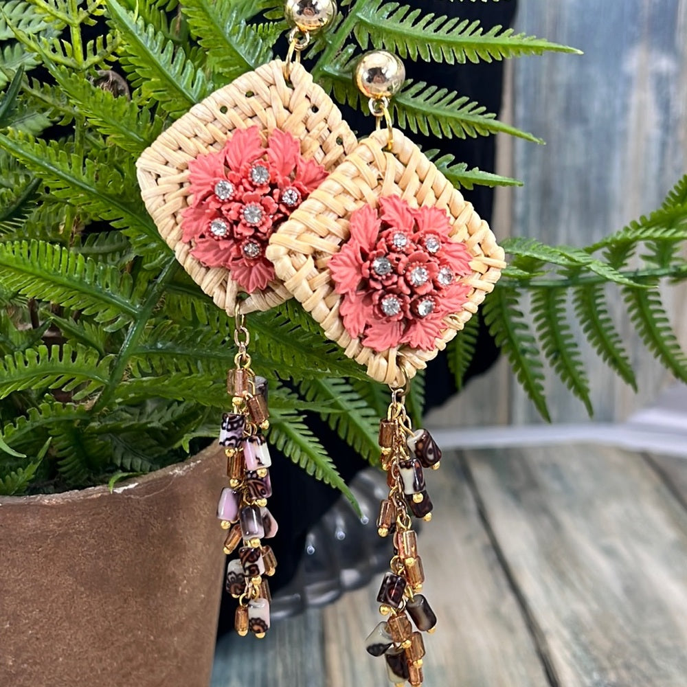 Adorned Crown Jewelry shoulder duster woven floral cha cha earrings