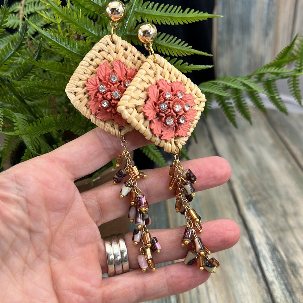 Adorned Crown Jewelry shoulder duster woven floral cha cha earrings