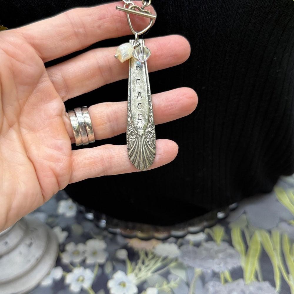 Adorned Crown Jewelry assemblage spoon handle pendant pearl necklace Peace
