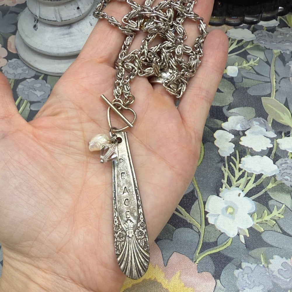 Adorned Crown Jewelry assemblage spoon handle pendant pearl necklace Peace