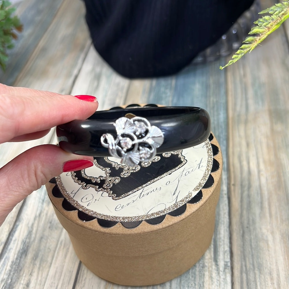 Adorned Crown Artisan Assemblage black lucite bangle bracelet rhinestones