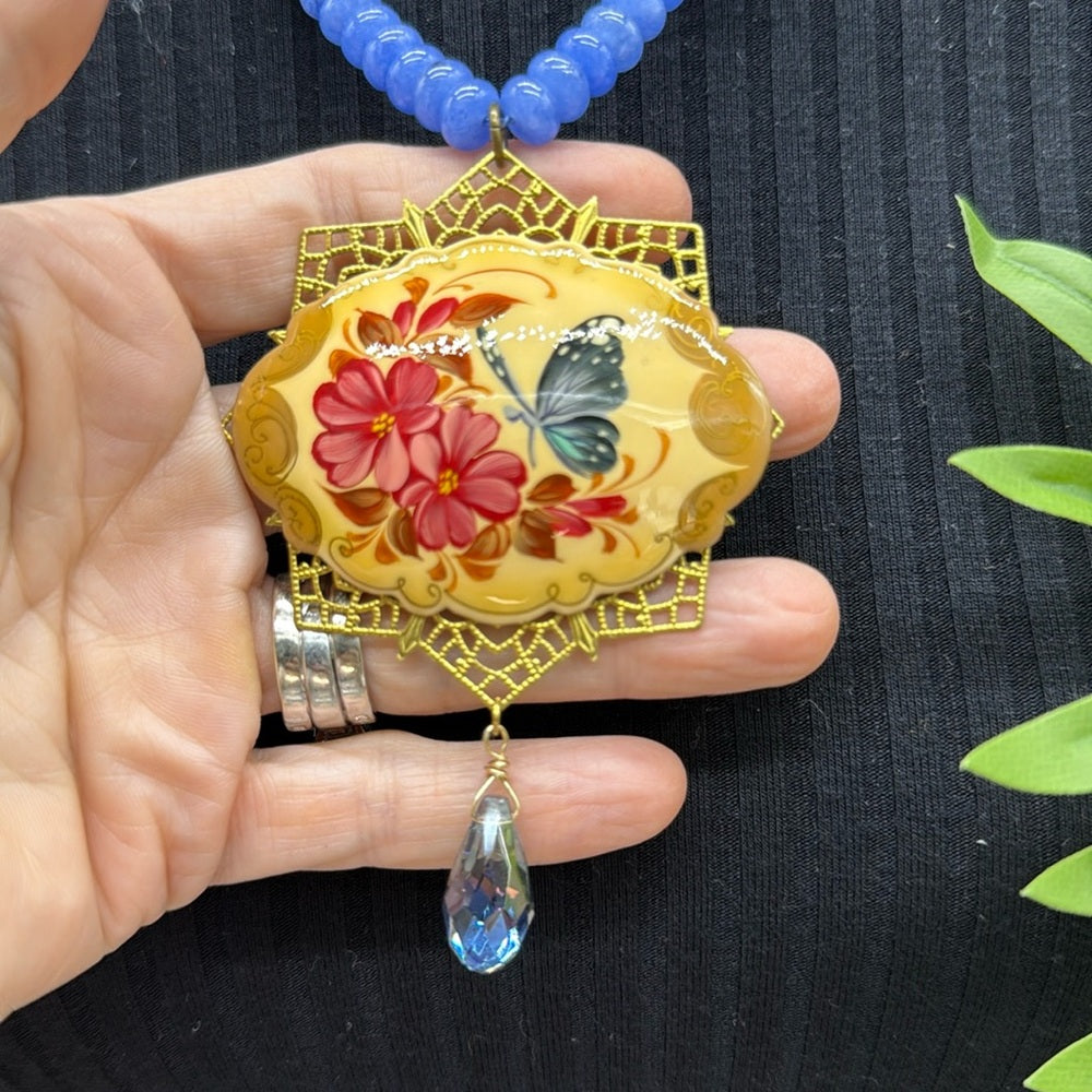 Adorned Crown Jewelry assemblage blue quartz painted butterfly necklace