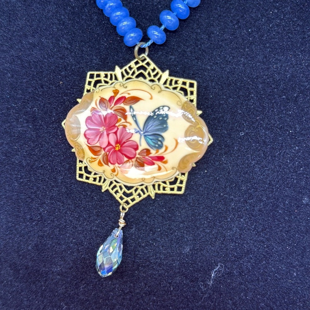 Adorned Crown Jewelry assemblage blue quartz painted butterfly necklace