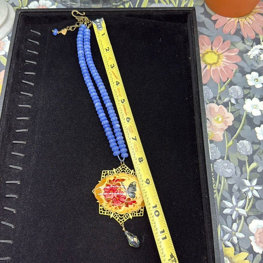 Adorned Crown Jewelry assemblage blue quartz painted butterfly necklace