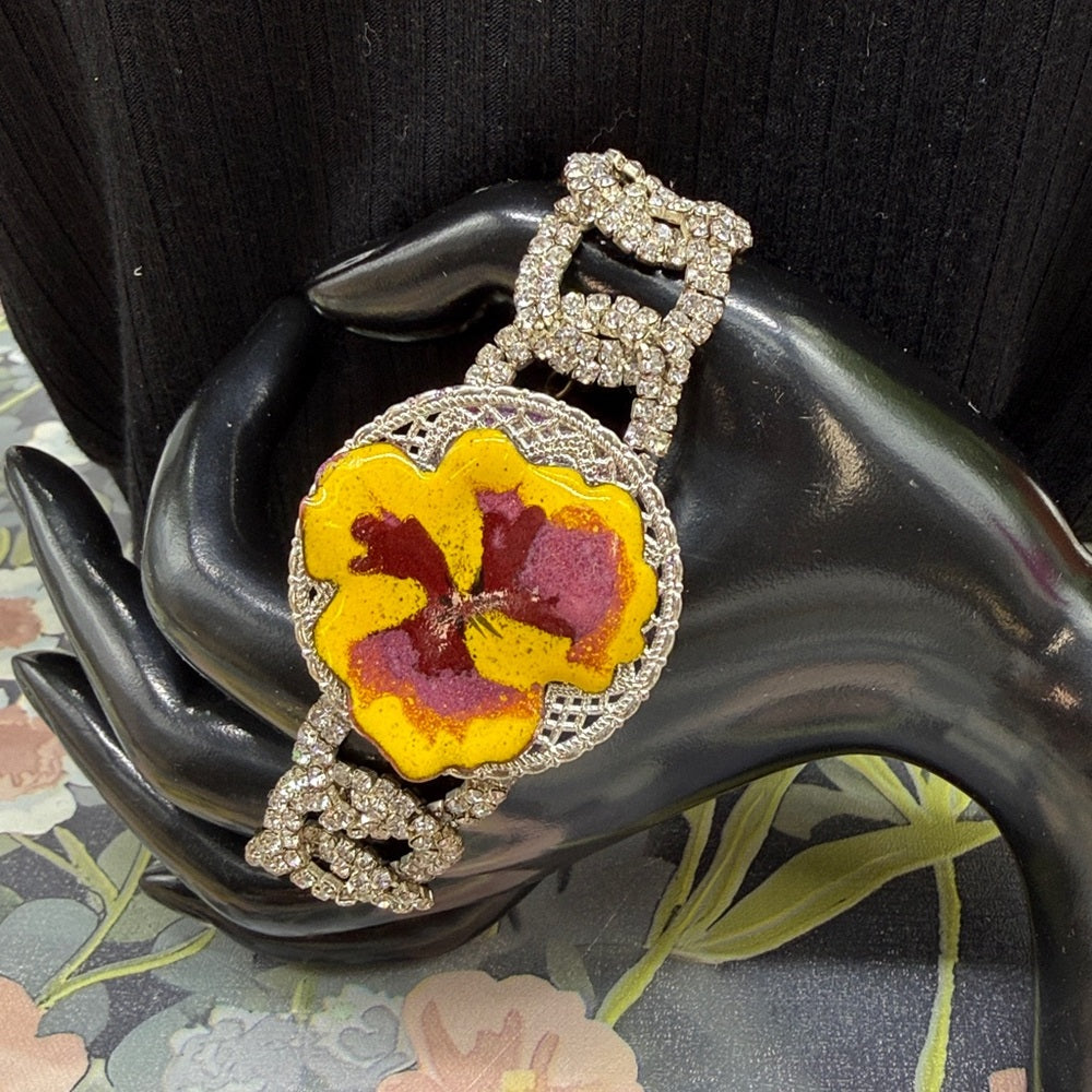 Adorned Crown Jewelry assemblage enamel flower rhinestone bracelet