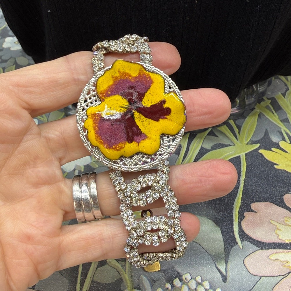 Adorned Crown Jewelry assemblage enamel flower rhinestone bracelet