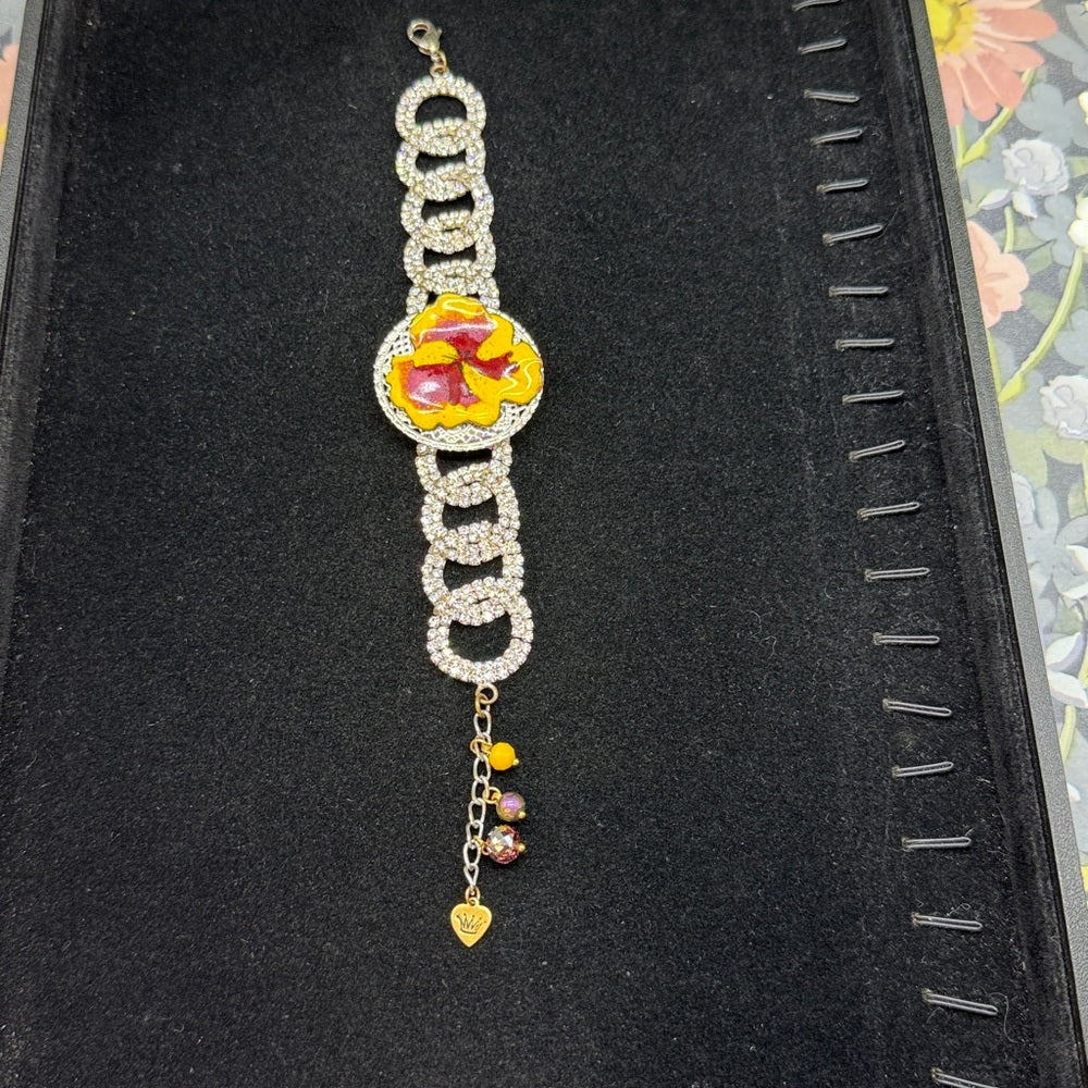 Adorned Crown Jewelry assemblage enamel flower rhinestone bracelet