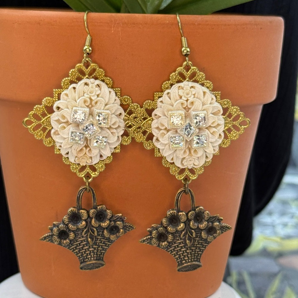 Adorned Crown Jewelry assemblage celluloid floral filigree earrings