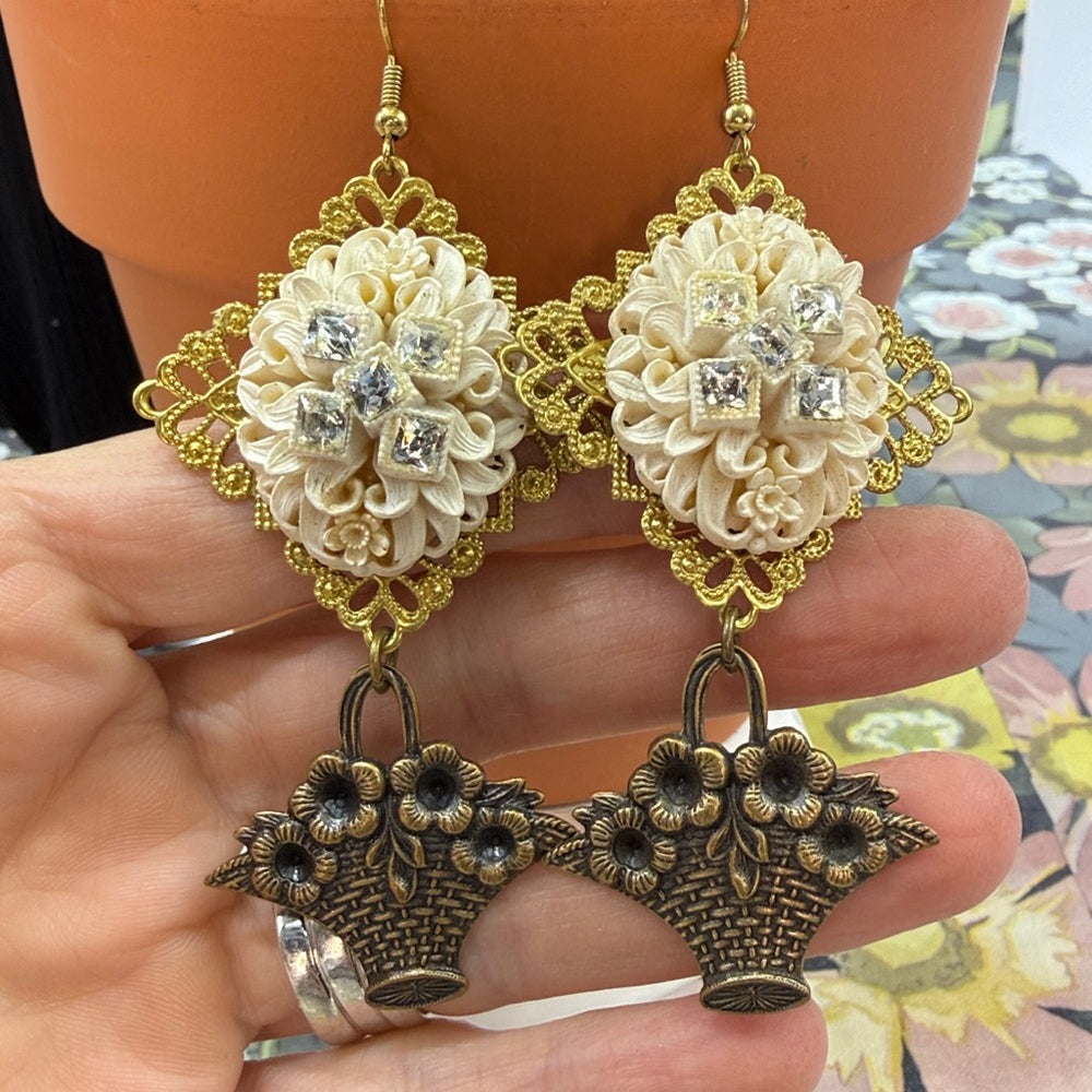 Adorned Crown Jewelry assemblage celluloid floral filigree earrings