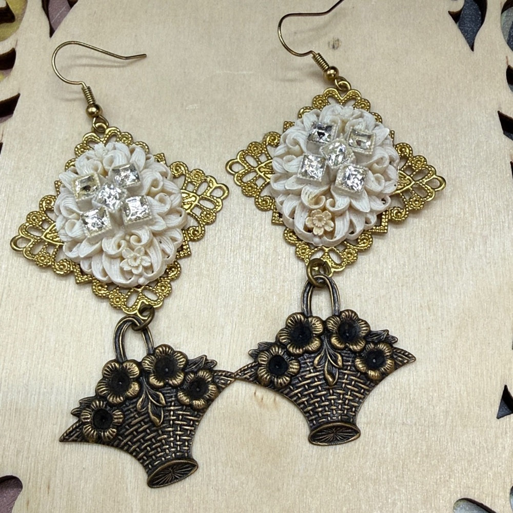Adorned Crown Jewelry assemblage celluloid floral filigree earrings