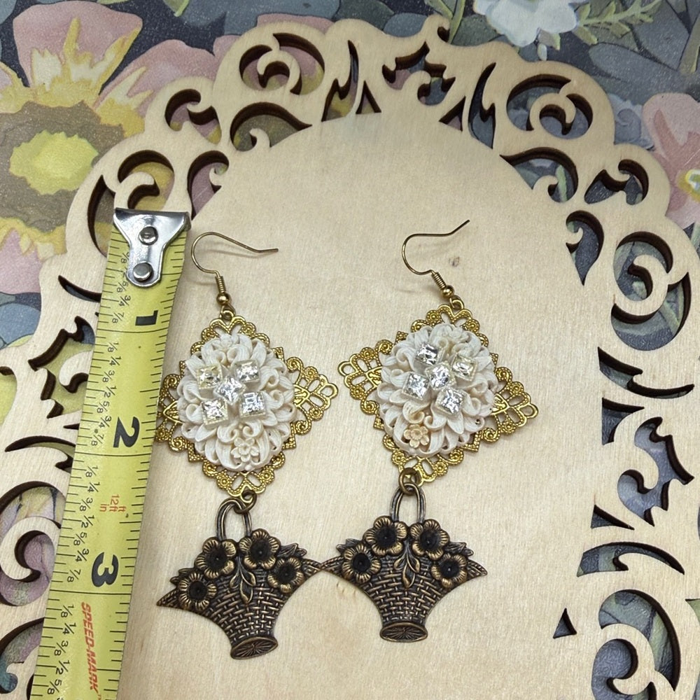 Adorned Crown Jewelry assemblage celluloid floral filigree earrings