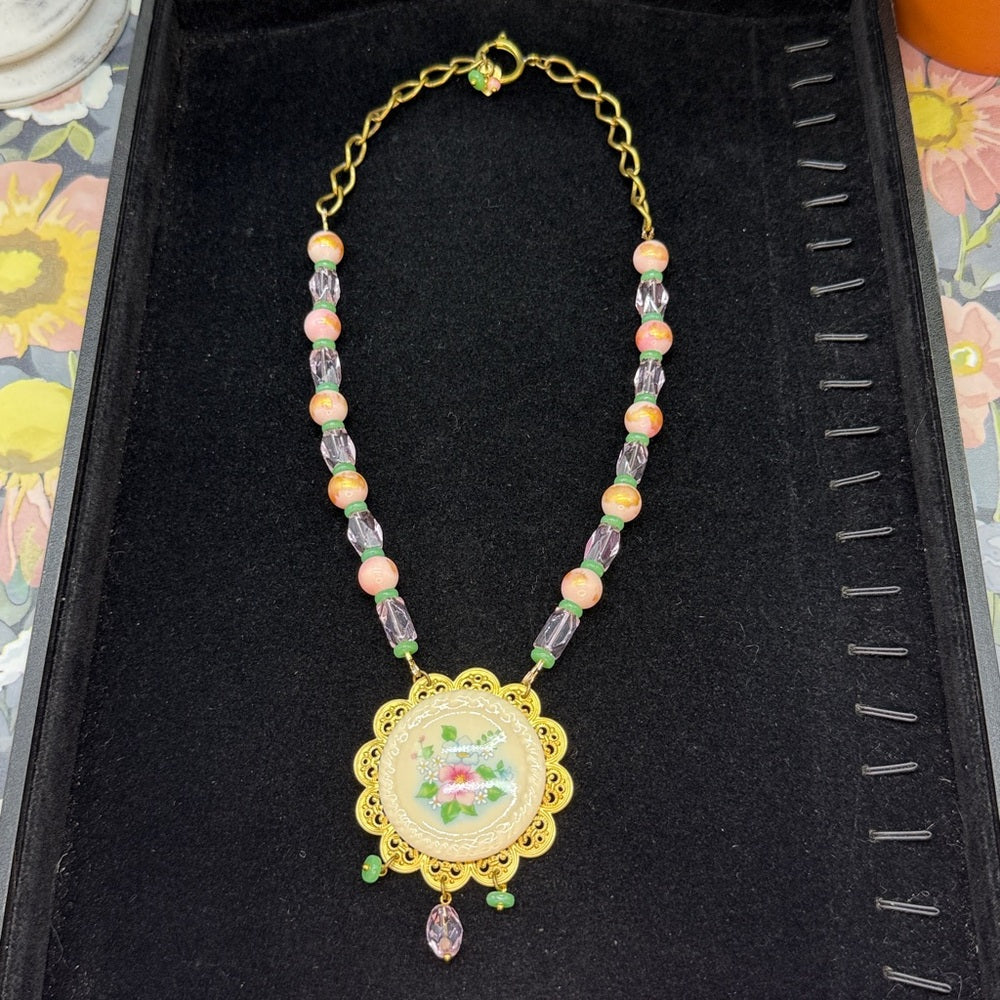 Adorned Crown Jewelry assemblage pink pastel floral ceramic pendant necklace