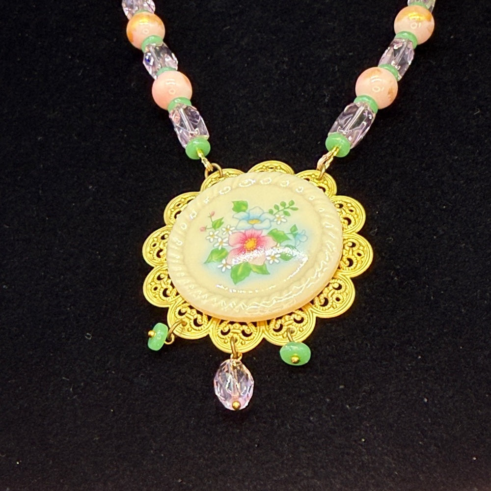 Adorned Crown Jewelry assemblage pink pastel floral ceramic pendant necklace